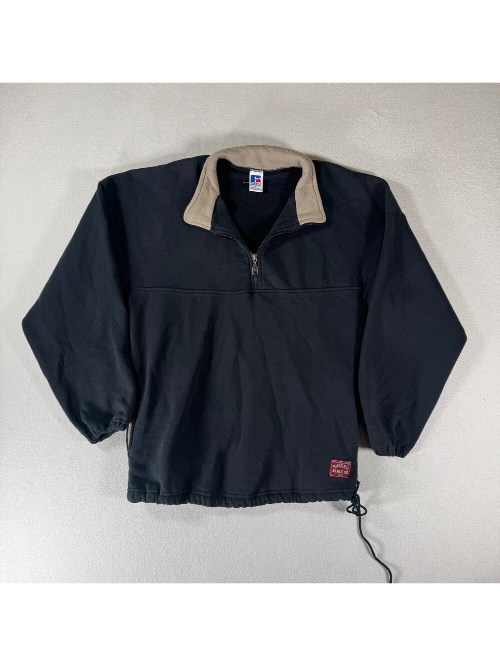 Vintage Russell Athletic 90s Black and Beige Quarter Zip Pullover Sweatshirt L
